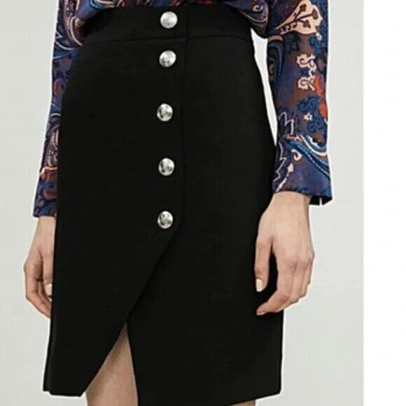 MAJE Jipy Pencil Skirt Button Front Black Straight Asymmetric Hem 38 S - Picture 2 of 9